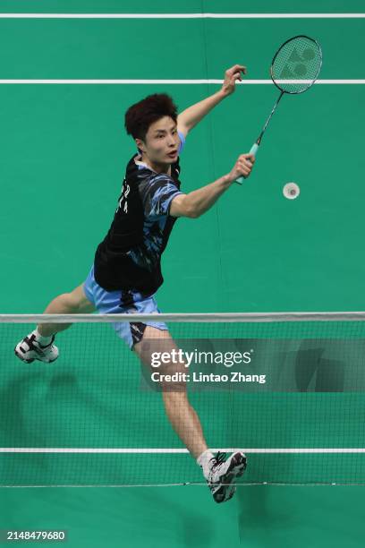 Shi Yuqi of China competes in the Men's Singles Semi Finals match against Jonatan Christie of Indonesia during day five of the 2024 BAC Badminton...