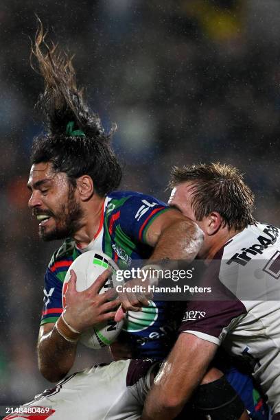 Tohu Harris of the Warriors charges forward during the round six NRL match between New Zealand Warriors and Manly Sea Eagles at Go Media Stadium Mt...