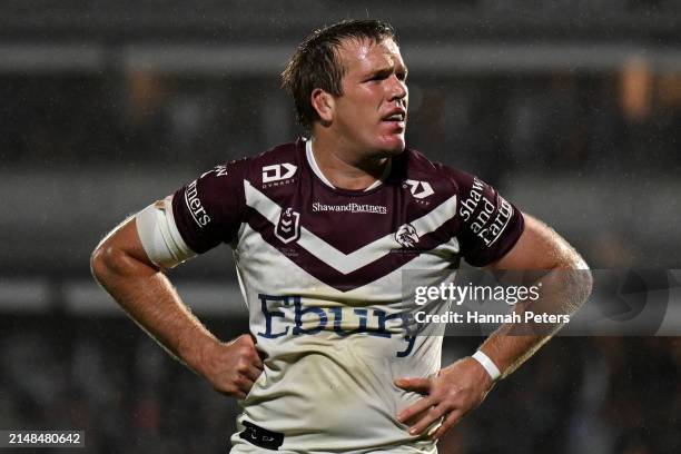 Jake Trbojevic of Manly looks on during the round six NRL match between New Zealand Warriors and Manly Sea Eagles at Go Media Stadium Mt Smart, on...