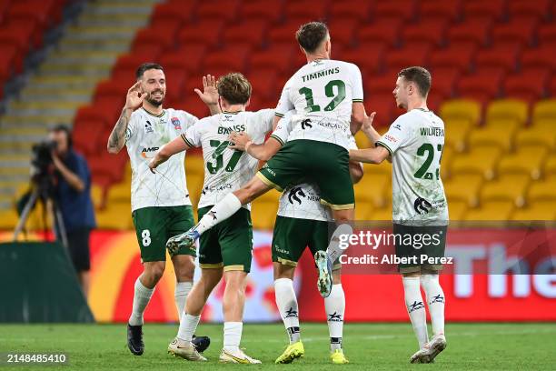 Newcastle Jets celebrate a goal during the A-League Men round 24 match between Brisbane Roar and Newcastle Jets at Suncorp Stadium, on April 13 in...