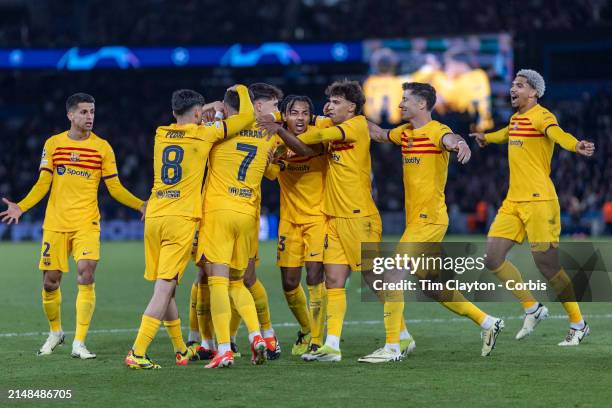Andreas Christensen of Barcelona is congratulated by teammates after heading his side's winning goal from a corner kick in Barcelona's 3-2 win during...