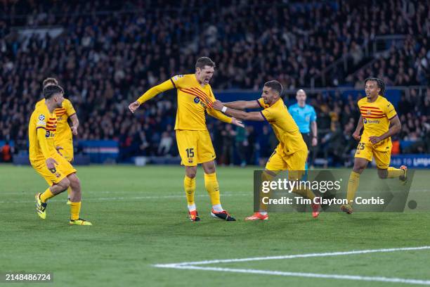 Andreas Christensen of Barcelona celebrates with teammate Ferrán Torres of Barcelona and teammates after heading his side's winning goal from a...