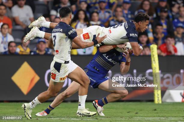 Murray Taulagi of the Cowboys competes for the ball during the round six NRL match between Parramatta Eels and North Queensland Cowboys at CommBank...