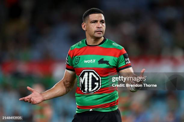 Cody Walker of the Rabbitohs gestures during the round six NRL match between South Sydney Rabbitohs and Cronulla Sharks at Accor Stadium, on April 13...