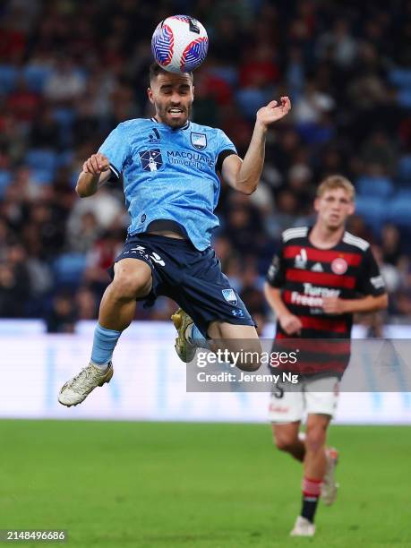 Anthony Caceres of Sydney FC heads the ball during the A-League Men round 24 match between Sydney FC and Western Sydney Wanderers at Allianz Stadium,...