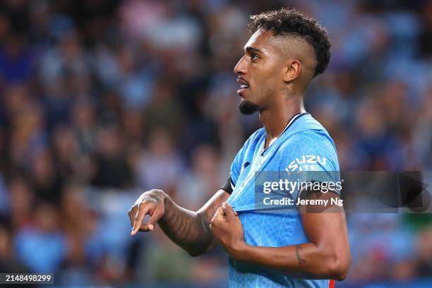 Fabio Gomes of Sydney FC celebrates scoring a goal during the A-League Men round 24 match between Sydney FC and Western Sydney Wanderers at Allianz...