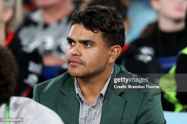 Latrell Mitchell of the Rabbitohs looks on during the round six NRL match between South Sydney Rabbitohs and Cronulla Sharks at Accor Stadium, on...