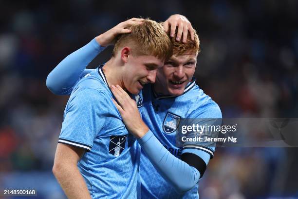 Jaiden Kucharski of Sydney FC celebrates scoring a goal during the A-League Men round 24 match between Sydney FC and Western Sydney Wanderers at...