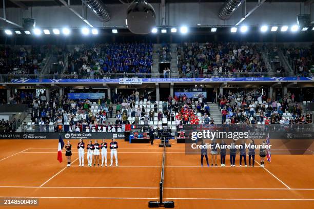 General view as players line up prior to the Billie Jean King Cup Qualifier match between France and Great Britain at Le Chaudron on April 13, 2024...