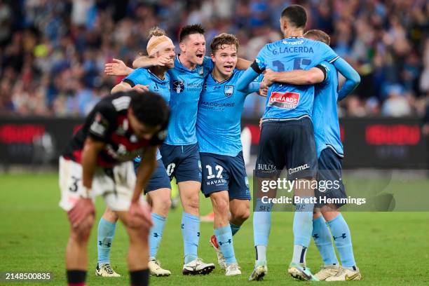 Players of Sydney FC celebrate victory during the A-League Men round 24 match between Sydney FC and Western Sydney Wanderers at Allianz Stadium, on...