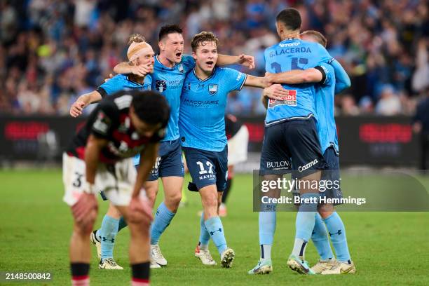 Players of Sydney FC celebrate victory during the A-League Men round 24 match between Sydney FC and Western Sydney Wanderers at Allianz Stadium, on...