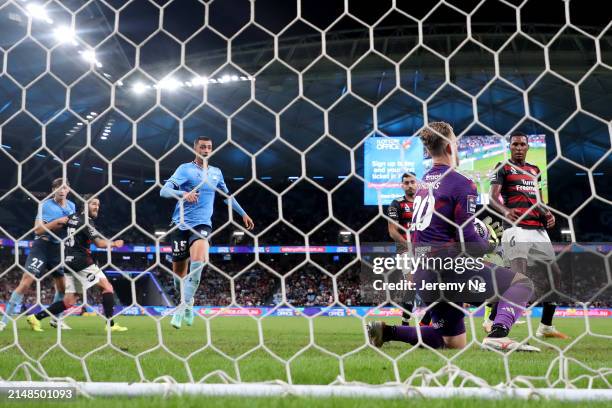 Goalkeeper Lawrence Thomas of the Wanderers makes a save during the A-League Men round 24 match between Sydney FC and Western Sydney Wanderers at...