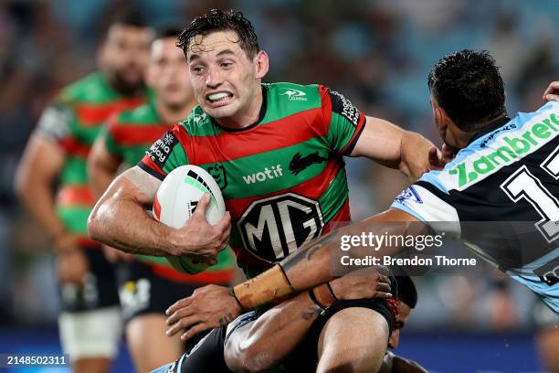 Cameron Murray of the Rabbitohs runs the ball during the round six NRL match between South Sydney Rabbitohs and Cronulla Sharks at Accor Stadium, on...