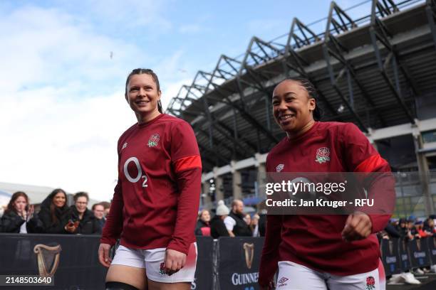 Abbie Ward and Sadia Kabeya of England walk out to warm up ahead during the Guinness Women's Six Nations 2024 match between Scotland and England at...