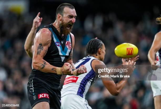 Charlie Dixon of the Power celebrates the win and the final siren during the round five AFL match between Port Adelaide Power and Fremantle Dockers...