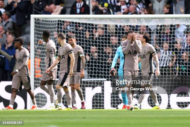 Brennan Johnson of Tottenham Hotspur looks dejected after Fabian Schaer of Newcastle United scores his team's fourth goal during the Premier League...
