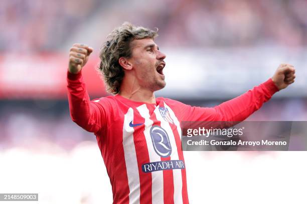 Antoine Griezmann of Atletico Madrid celebrates scoring his team's third goal during the LaLiga EA Sports match between Atletico Madrid and Girona FC...