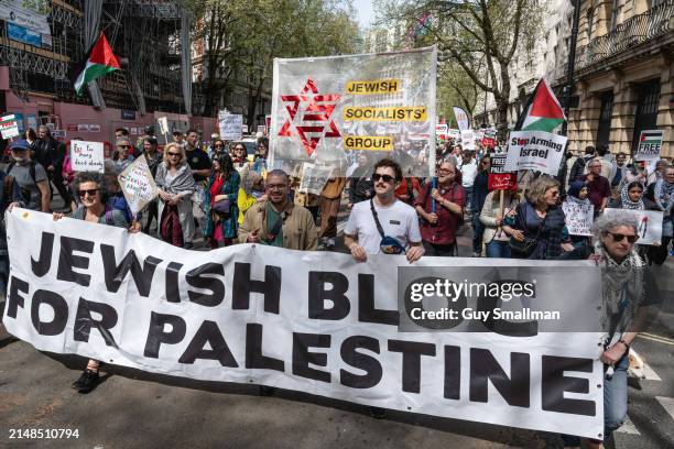 The Jewish Socialists group take part in the pro-Palestine march as it makes its way down Holborn on April 13, 2024 in London, England. Stop Arming...