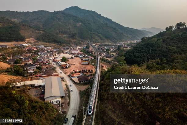 In an aerial view, the China-Laos Railway enters the Boten Special Economic Zone on April 10, 2024 in Boten, Laos. The Boten Special Economic Zone ,...