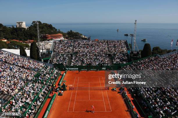 MONTE-CARLO, MONACO A general view as Stefanos Tsitsipas of Greece serves during the semi-final match against Jannik Sinner of Italy during day seven...
