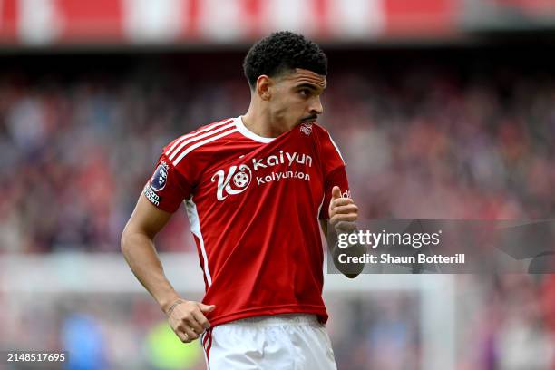 Morgan Gibbs-White of Nottingham Forest celebrates scoring his team's first goal during the Premier League match between Nottingham Forest and...