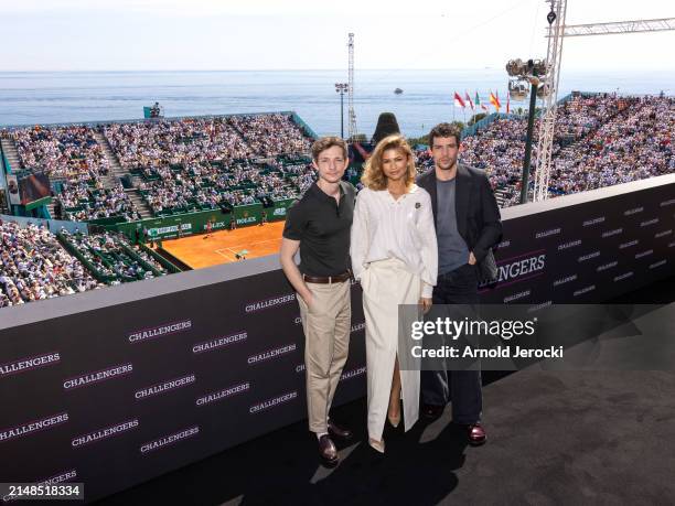 Mike Faist, Zendaya, and Josh O'Connor are photographed during the 'Challengers' photocall at the Rolex Monte-Carlo Masters on April 13, 2024 in...