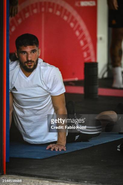 Roma player Houssem Aouar during a training session at Centro Sportivo Luigi Berlusconi on April 13, 2024 in Monza, Italy.