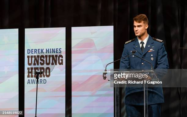 Senior defenseman Luke Robinson of the Air Force Falcons wins the 2024 Derek Hines Unsung Hero Award presented by the Hockey Commissioners...