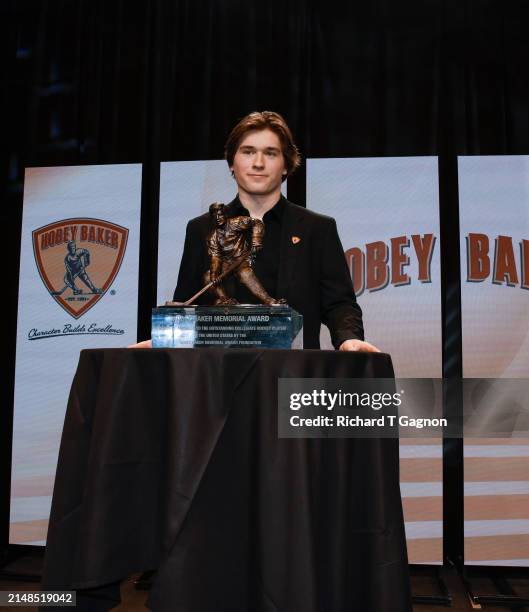 Macklin Celebrini of the Boston University Terriers wins the 2024 Hobey Baker Memorial Award during the 2024 Hobey Baker Memorial & Mike Richter...