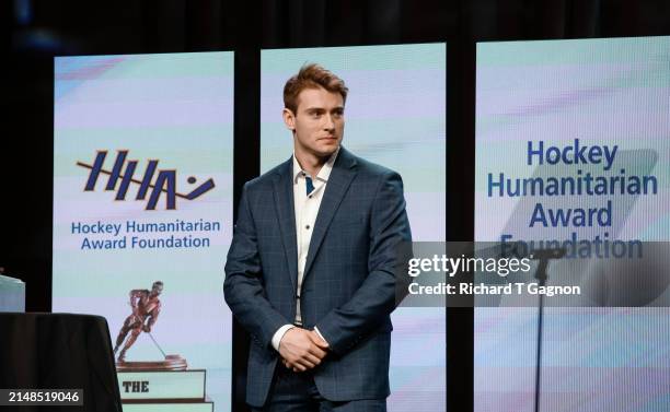 Dylan Lugris of the Penn State University Nittany Lions wins The Hockey Humanitarian Award presented by the Hockey Humanitarian Foundation during the...