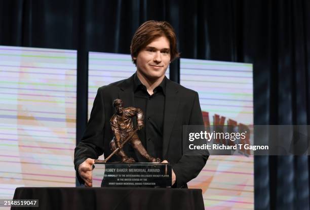 Macklin Celebrini of the Boston University Terriers wins the 2024 Hobey Baker Memorial Award during the 2024 Hobey Baker Memorial & Mike Richter...