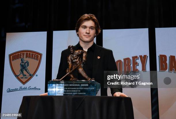 Macklin Celebrini of the Boston University Terriers wins the 2024 Hobey Baker Memorial Award during the 2024 Hobey Baker Memorial & Mike Richter...