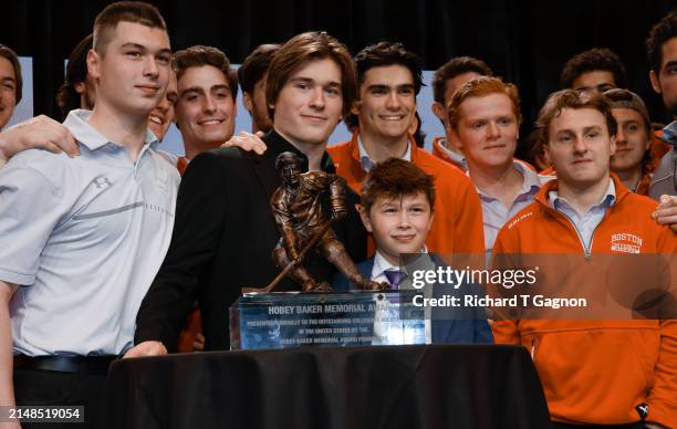 Macklin Celebrini of the Boston University Terriers wins the 2024 Hobey Baker Memorial Award during the 2024 Hobey Baker Memorial & Mike Richter...