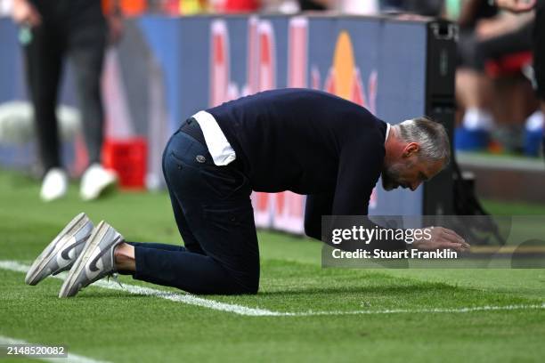 Marco Rose, Head Coach of RB Leipzig, reacts during the Bundesliga match between RB Leipzig and VfL Wolfsburg at Red Bull Arena on April 13, 2024 in...