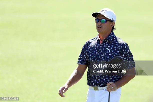 Rickie Fowler of the United States walks across the eighth hole during the third round of the 2024 Masters Tournament at Augusta National Golf Club...