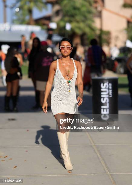 Karrueche Tran is seen arriving to the CELSIUS Cosmic Desert event on April 12, 2024 in Indio, California.