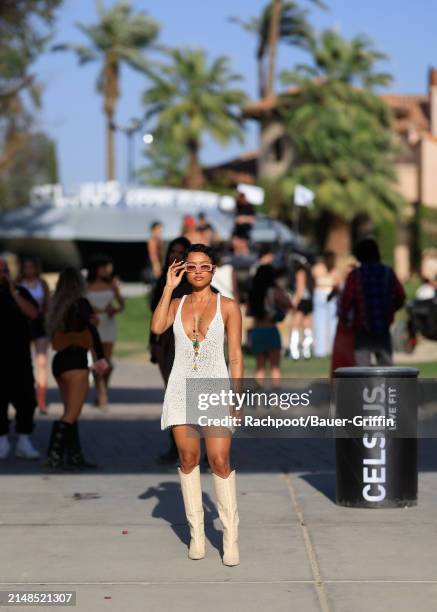 Karrueche Tran is seen arriving to the CELSIUS Cosmic Desert event on April 12, 2024 in Indio, California.