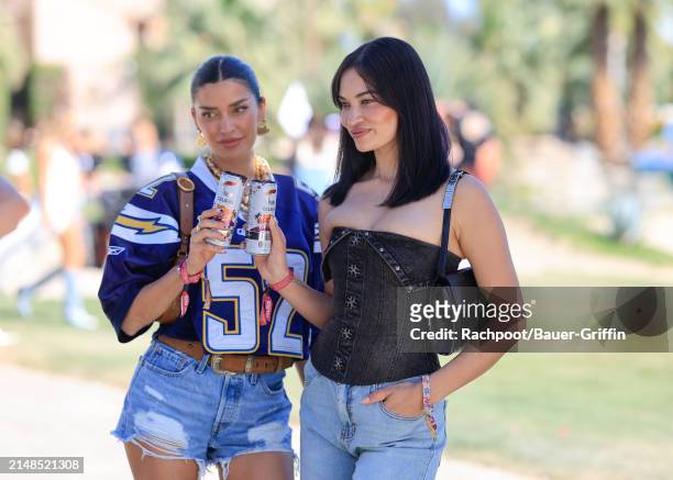 Nicole Williams English and Shanina Shaik are seen arriving to the CELSIUS Cosmic Desert event on April 12, 2024 in Indio, California.
