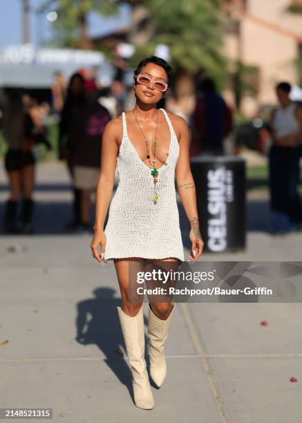 Karrueche Tran is seen arriving to the CELSIUS Cosmic Desert event on April 12, 2024 in Indio, California.