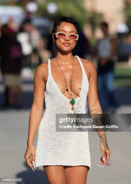 Karrueche Tran is seen arriving to the CELSIUS Cosmic Desert event on April 12, 2024 in Indio, California.