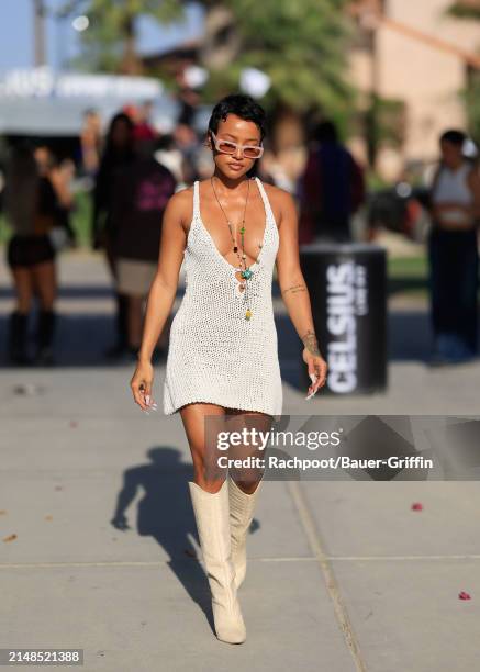 Karrueche Tran is seen arriving to the CELSIUS Cosmic Desert event on April 12, 2024 in Indio, California.