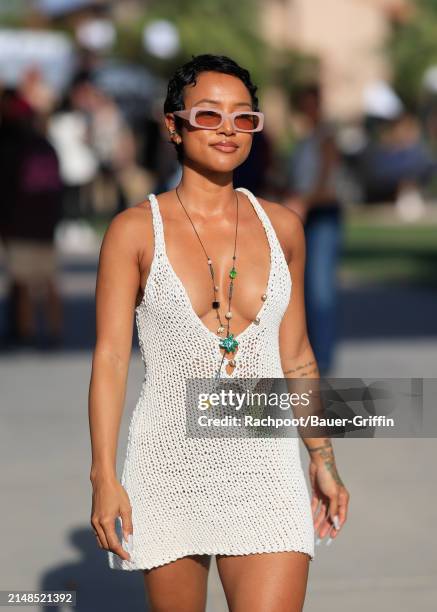 Karrueche Tran is seen arriving to the CELSIUS Cosmic Desert event on April 12, 2024 in Indio, California.