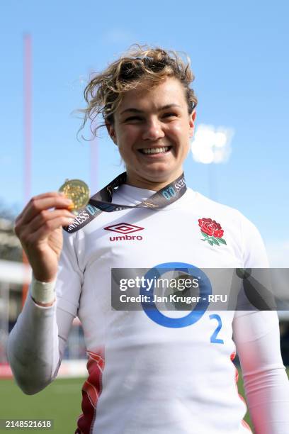 Ellie Kildunne of England poses with the player of the match medal following the Guinness Women's Six Nations 2024 match between Scotland and England...