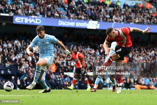 Ross Barkley of Luton Town scores his team's first goal during the Premier League match between Manchester City and Luton Town at Etihad Stadium on...