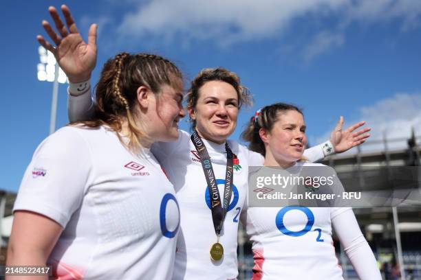 Ellie Kildunne of England celebrate with team mates following the Guinness Women's Six Nations 2024 match between Scotland and England at Hive...