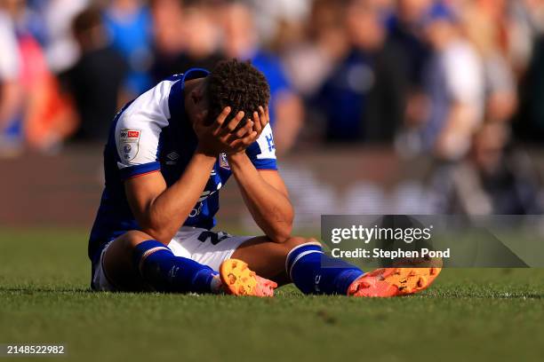 Omari Hutchinson of Ipswich Town reacts following the Sky Bet Championship match between Ipswich Town and Middlesbrough at Portman Road on April 13,...