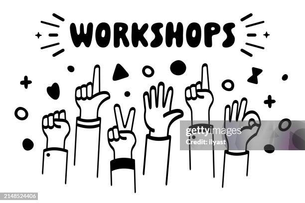hands raised with gestures for workshops - university class diverse stock illustrations