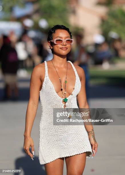 Karrueche Tran is seen arriving to the CELSIUS Cosmic Desert event on April 12, 2024 in Indio, California.