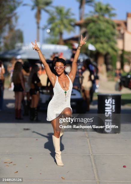 Karrueche Tran is seen arriving to the CELSIUS Cosmic Desert event on April 12, 2024 in Indio, California.