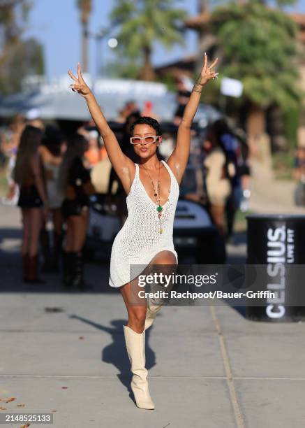 Karrueche Tran is seen arriving to the CELSIUS Cosmic Desert event on April 12, 2024 in Indio, California.